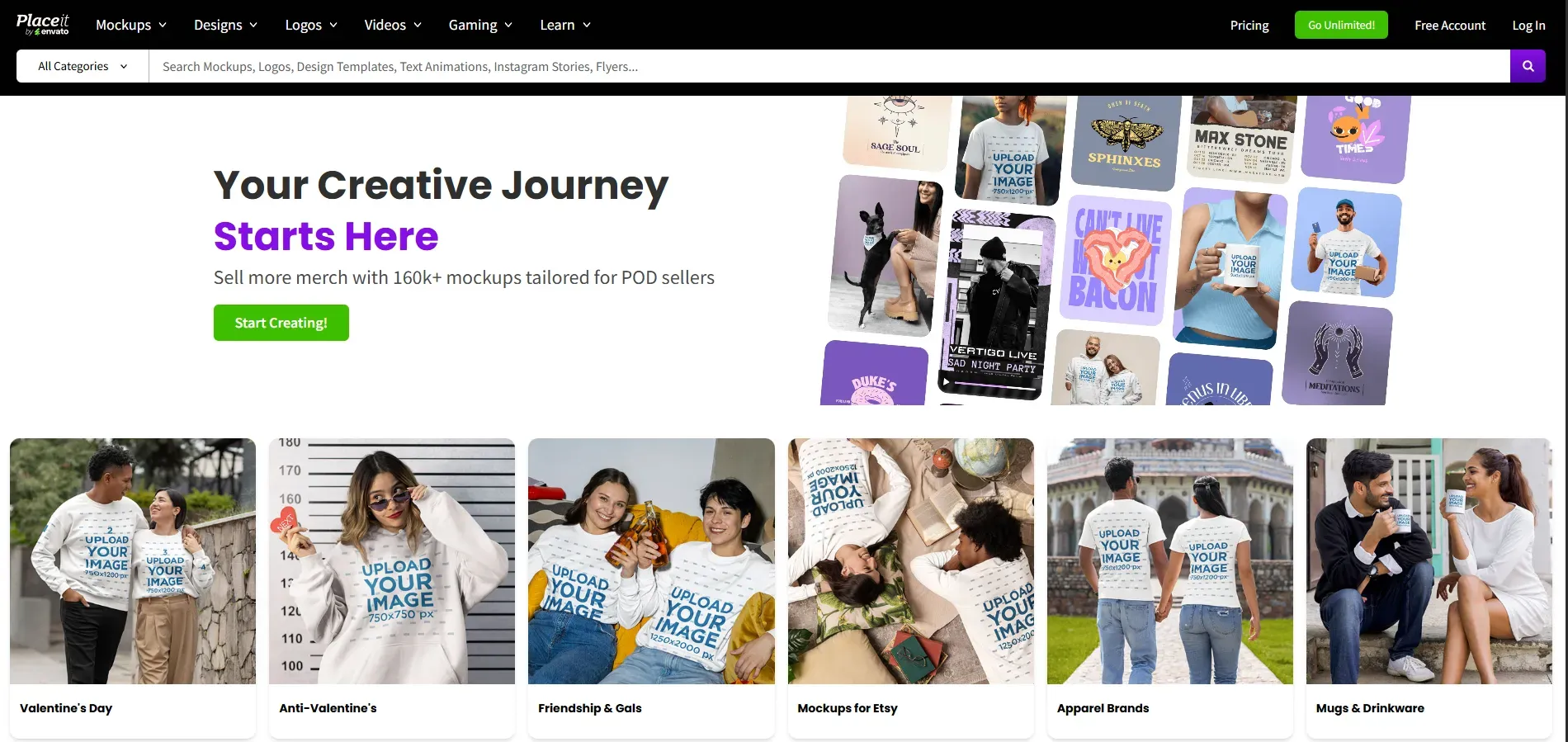 Placeit homepage showing mockup categories, creative banner, and product preview templates for POD sellers.